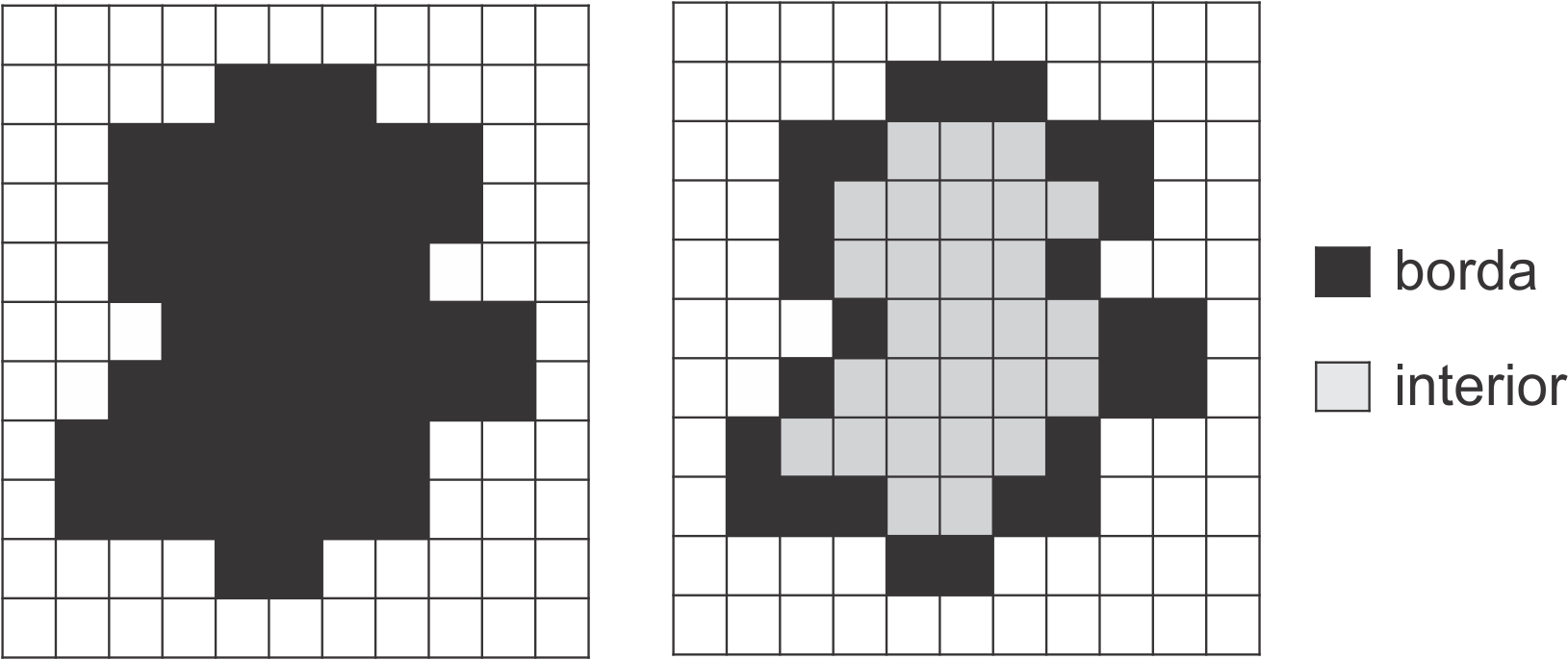 Borda e interior de um componente, Figura do lado esquerdo, mostra a imagem original, a Figura do lado direito mostra os pixels da borda e interior. [3, p. 32].