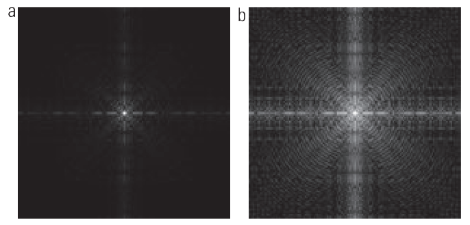 Transformação Logarítmica. (a) Espectro de Fourier. (b) Resultado da aplicação da transformação logarítmica.[2, p. 72].