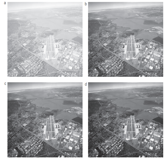 Transformações de potência. (a) Imagem aérea. (b) a (d) Resultados da aplicação da transformação de potência com \(c = 1 \text{ e } \gamma = 3, 4 \text{ e } 5\), respectivamente. [2, p. 74].