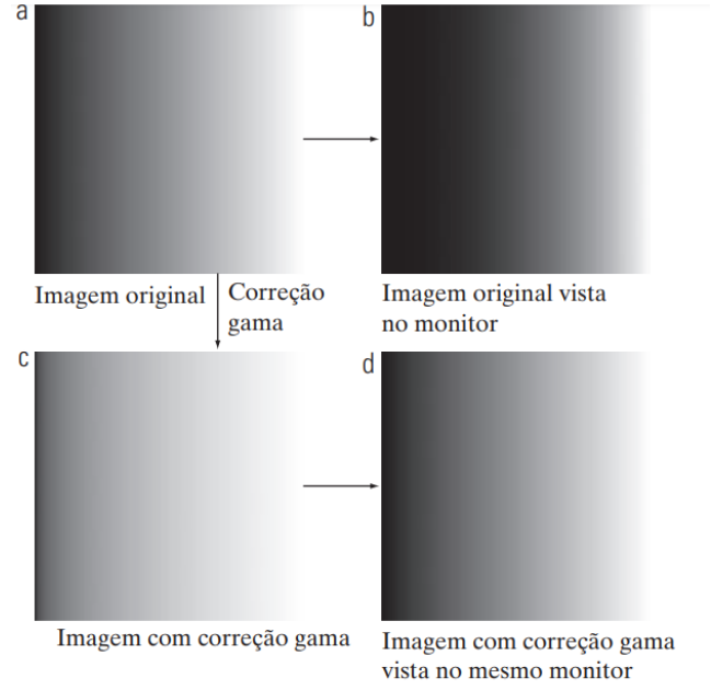 Correcão Gama. (a) Imagem com variação gradativa de intensidade (gradiente). (b) Imagem vista em um monitor simulado com gama igual a 2,5. (c) Imagem com correção gama. (d) Imagem corrigida vista no mesmo monitor. [2, p. 72].